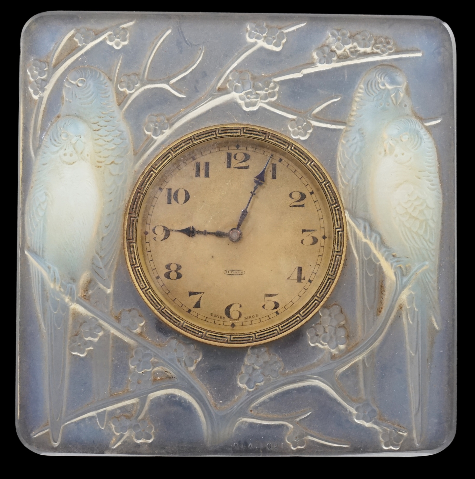 A R. Lalique Quatre Perruches opalescent glass strut timepiece